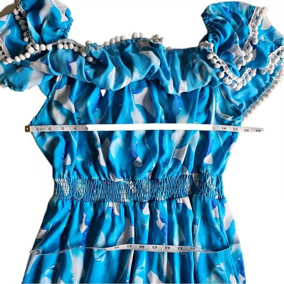 Red Dress Boutique Palms Away Blue Patterned Off-Shoulder Ruffle Midi Dress - Picture 8 of 14